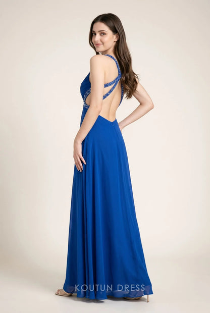 Royal Blue V Neck Twist Bust Rhinestone Embellished Cutout Open Back Chiffon A Line Long Prom Dress with Train