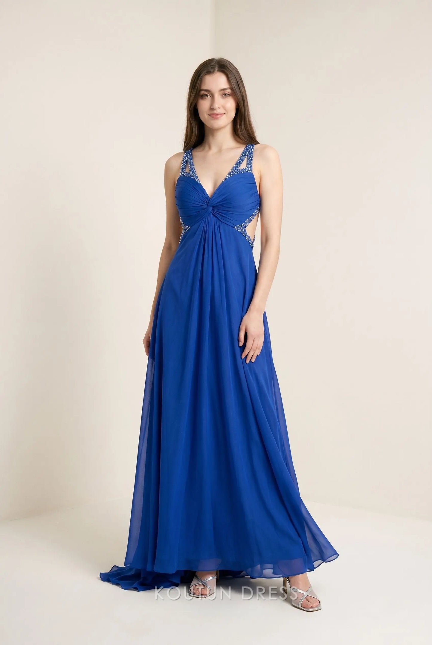Royal Blue V Neck Twist Bust Rhinestone Embellished Cutout Open Back Chiffon A Line Long Prom Dress with Train