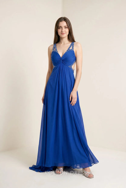 Royal Blue V Neck Twist Bust Rhinestone Embellished Cutout Open Back Chiffon A Line Long Prom Dress with Train