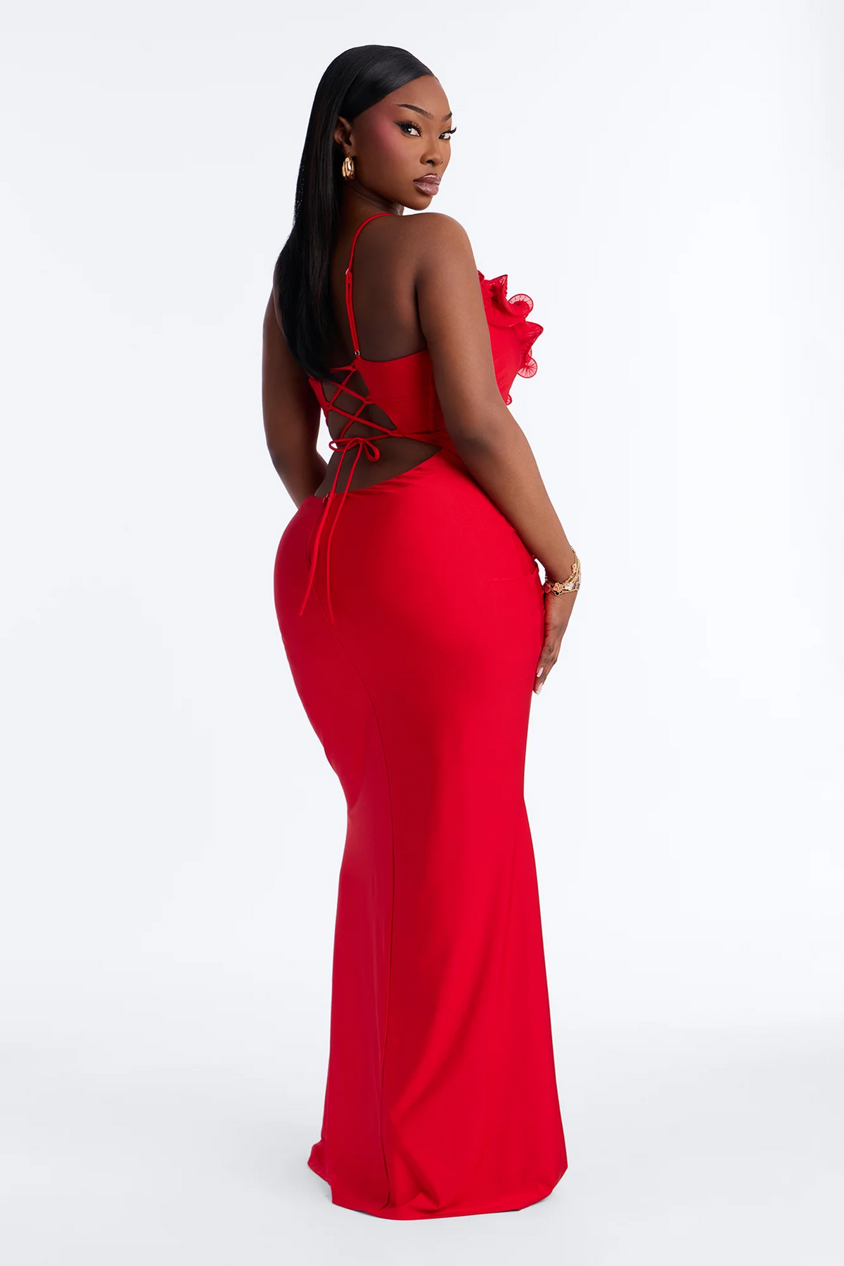 Ruffled Spaghetti Strap Ruched Lace-Up Mermaid Evening Dress