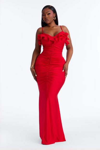 Ruffled Spaghetti Strap Ruched Lace-Up Mermaid Evening Dress