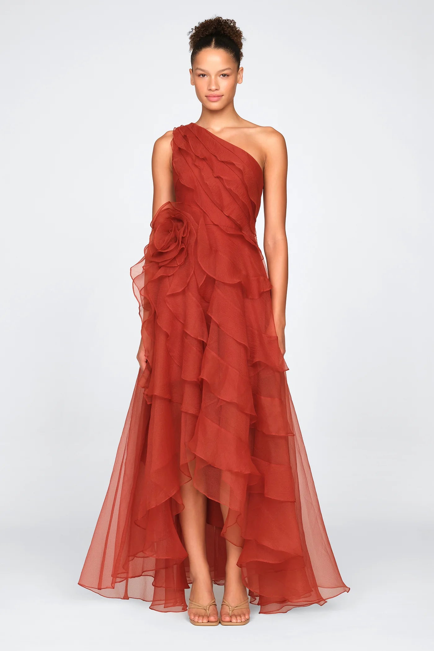 Rust Orange Chiffon A Line One Shoulder 3D Floral Ruffle High Low Floor Length Formal Evening Prom Dress