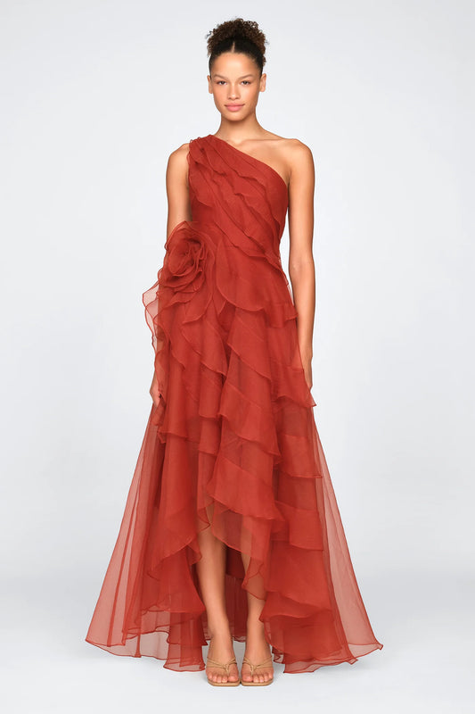 Rust Orange Chiffon A Line One Shoulder 3D Floral Ruffle High Low Floor Length Formal Evening Prom Dress