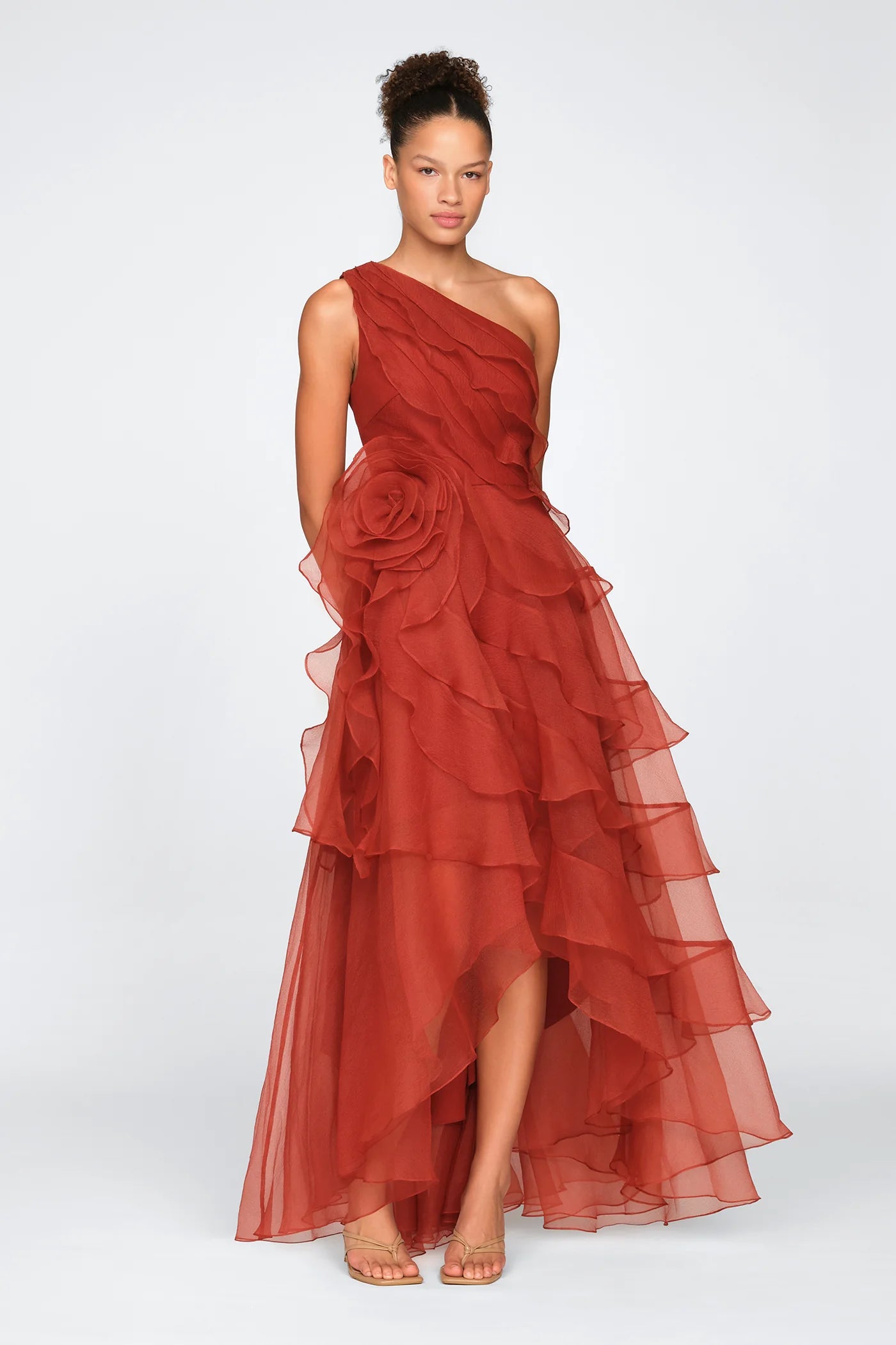 Rust Orange Chiffon A Line One Shoulder 3D Floral Ruffle High Low Floor Length Formal Evening Prom Dress