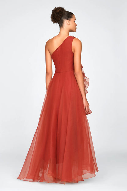 Rust Orange Chiffon A Line One Shoulder 3D Floral Ruffle High Low Floor Length Formal Evening Prom Dress