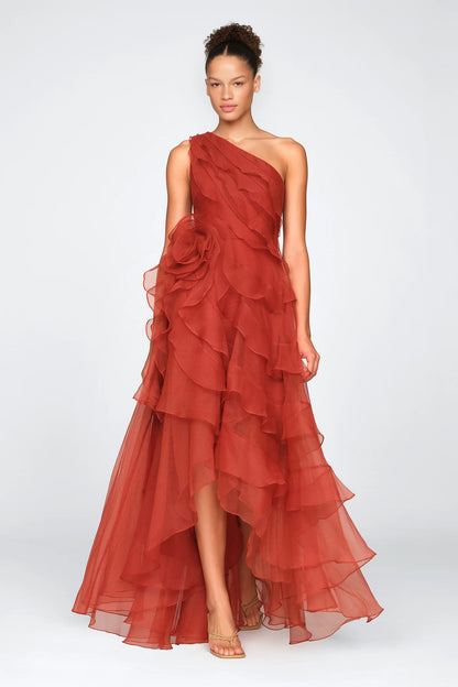 Rust Orange Chiffon A Line One Shoulder 3D Floral Ruffle High Low Floor Length Formal Evening Prom Dress