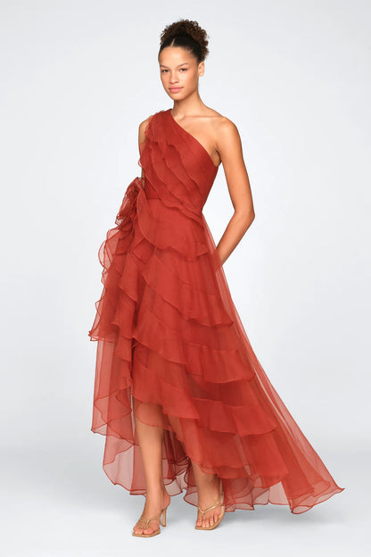 Rust Orange Chiffon A Line One Shoulder 3D Floral Ruffle High Low Floor Length Formal Evening Prom Dress
