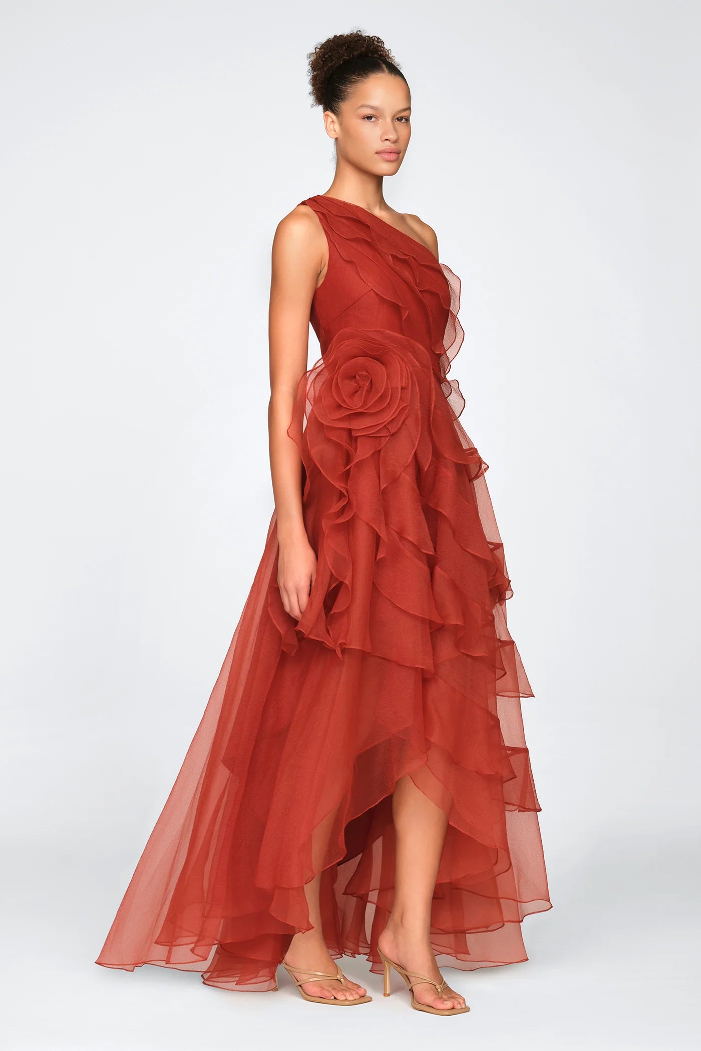 Rust Orange Chiffon A Line One Shoulder 3D Floral Ruffle High Low Floor Length Formal Evening Prom Dress
