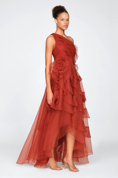 Rust Orange Chiffon A Line One Shoulder 3D Floral Ruffle High Low Floor Length Formal Evening Prom Dress
