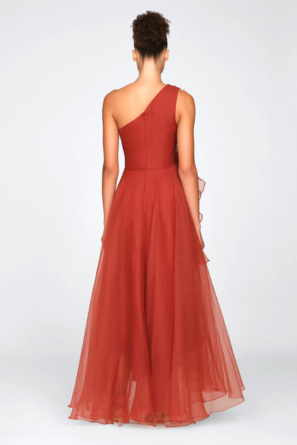 Rust Orange Chiffon A Line One Shoulder 3D Floral Ruffle High Low Floor Length Formal Evening Prom Dress