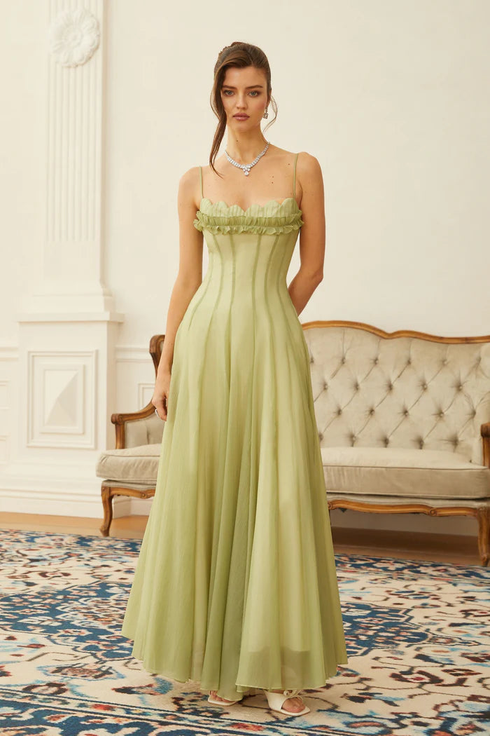 Sage Green Chiffon Maxi Dresses with Square Neck Ruffled Trim Thin Straps and Ruched Back