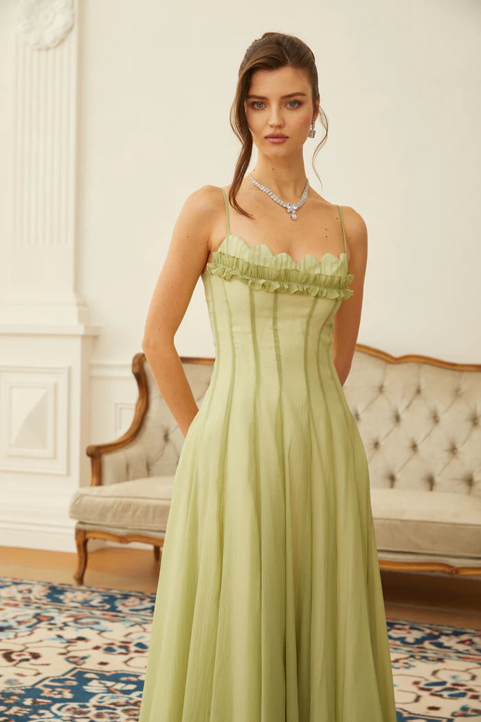 Sage Green Chiffon Maxi Dresses with Square Neck Ruffled Trim Thin Straps and Ruched Back