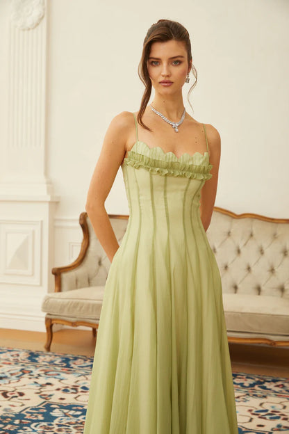 Sage Green Chiffon Maxi Dresses with Square Neck Ruffled Trim Thin Straps and Ruched Back
