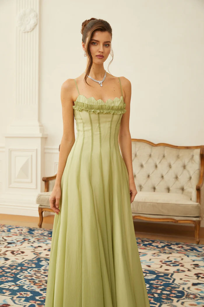 Sage Green Chiffon Maxi Dresses with Square Neck Ruffled Trim Thin Straps and Ruched Back