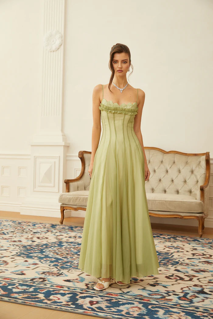 Sage Green Chiffon Maxi Dresses with Square Neck Ruffled Trim Thin Straps and Ruched Back
