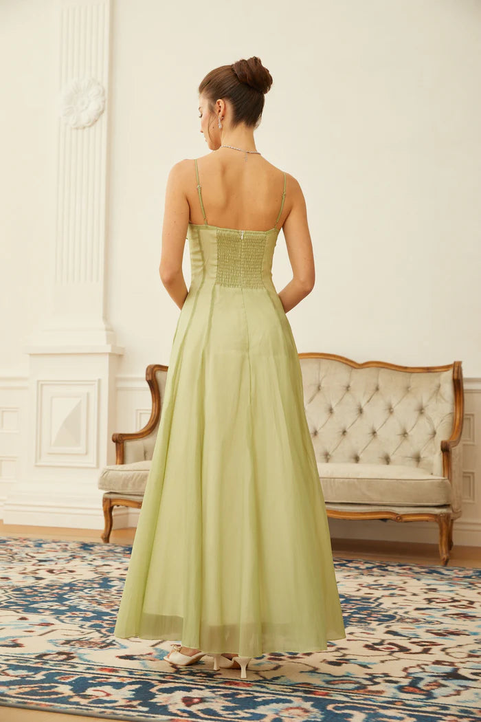 Sage Green Chiffon Maxi Dresses with Square Neck Ruffled Trim Thin Straps and Ruched Back