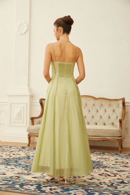 Sage Green Chiffon Maxi Dresses with Square Neck Ruffled Trim Thin Straps and Ruched Back