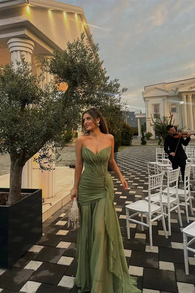 Sage Green Chiffon Maxi Prom Dresses with Strapless Corset Bodice Ruched Waist Lace Up Back and Asymmetrical High Slit Skirt