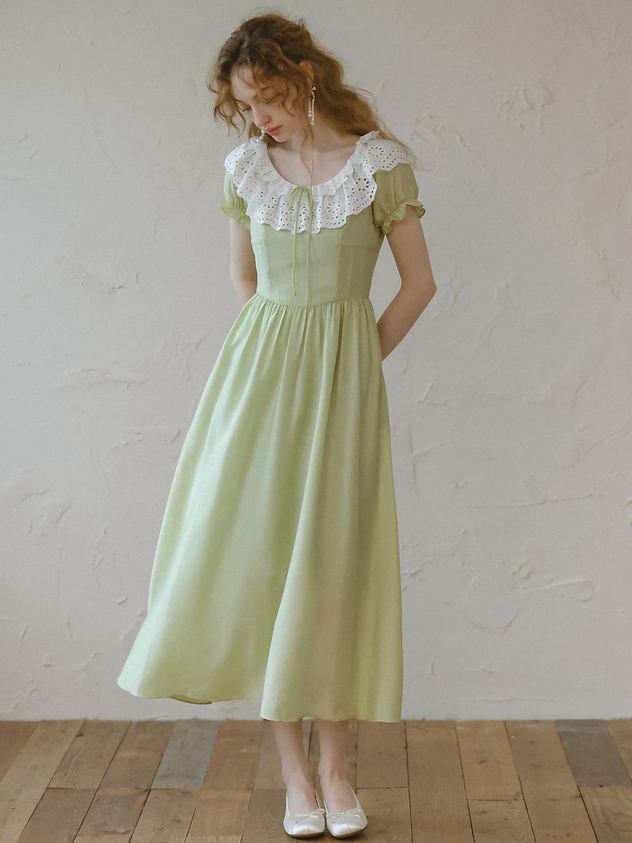 Sage Green Cotton A Line Square Neck Eyelet Lace Collar Puff Sleeve Midi Length Formal Evening Prom Dress