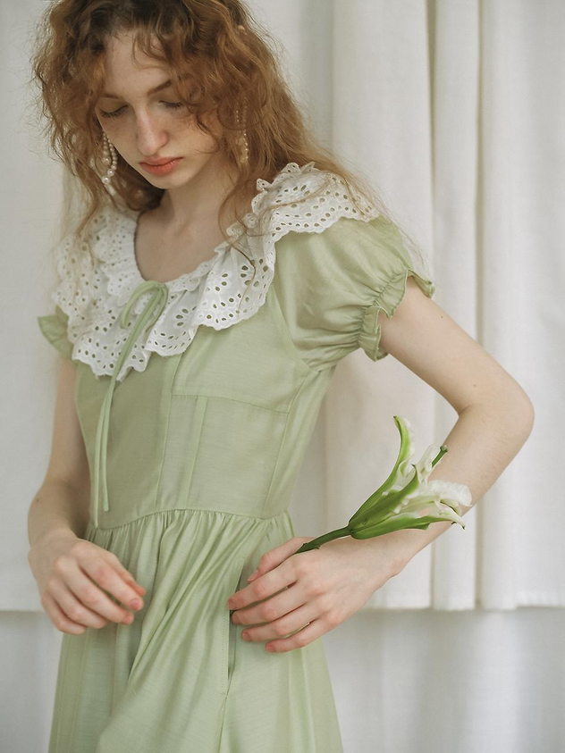 Sage Green Cotton A Line Square Neck Eyelet Lace Collar Puff Sleeve Midi Length Formal Evening Prom Dress