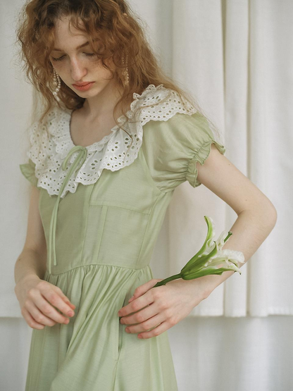 Sage Green Cotton A Line Square Neck Eyelet Lace Collar Puff Sleeve Midi Length Formal Evening Prom Dress
