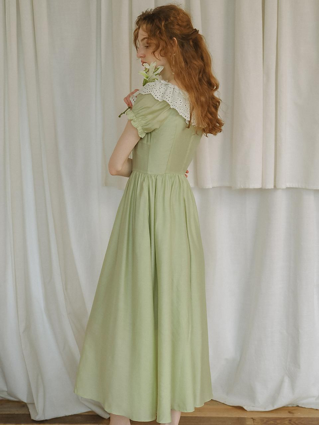 Sage Green Cotton A Line Square Neck Eyelet Lace Collar Puff Sleeve Midi Length Formal Evening Prom Dress