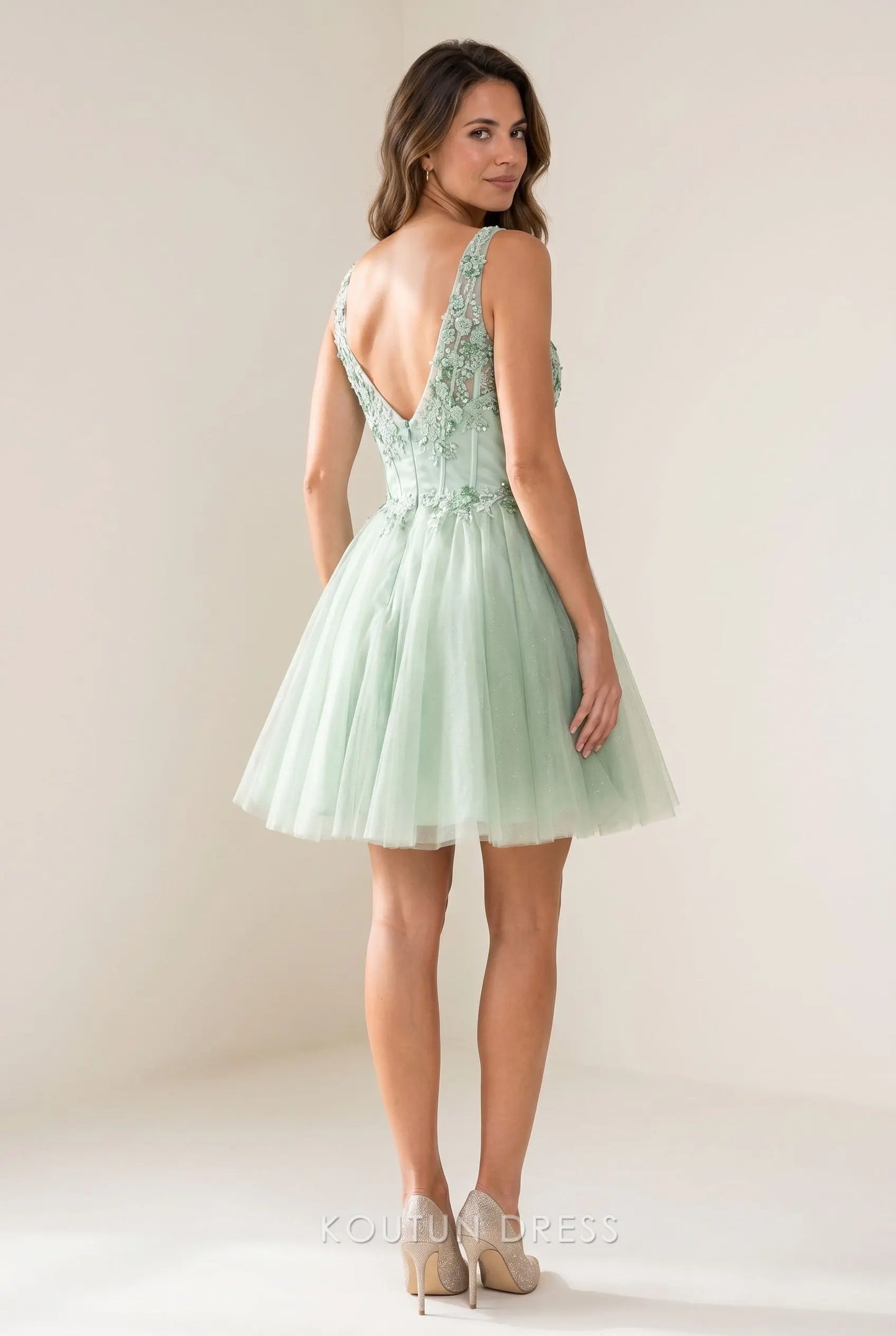 Sage Green Glitter Tulle V Neck Floral Lace Applique Rhinestone Corset Bodice Low Back A Line Mini Homecoming Dress