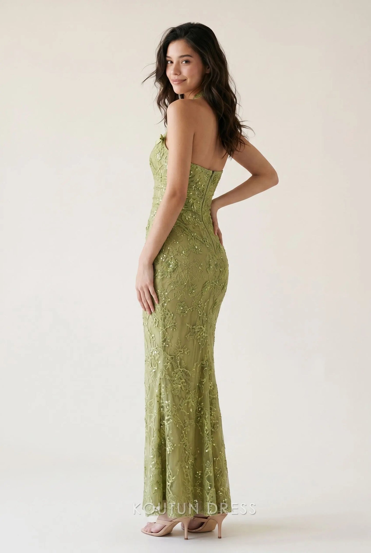 Sage Green Halter Neck Floral Lace Sequin Embellished Mermaid Floor Length Prom Dress