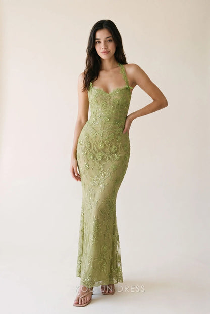 Sage Green Halter Neck Floral Lace Sequin Embellished Mermaid Floor Length Prom Dress