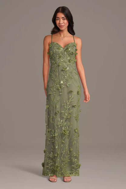 Sage Green Maxi Dresses with 3D Floral Embroidery Sequin Beading and Crisscross Back Tie