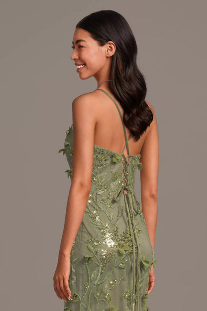 Sage Green Maxi Dresses with 3D Floral Embroidery Sequin Beading and Crisscross Back Tie