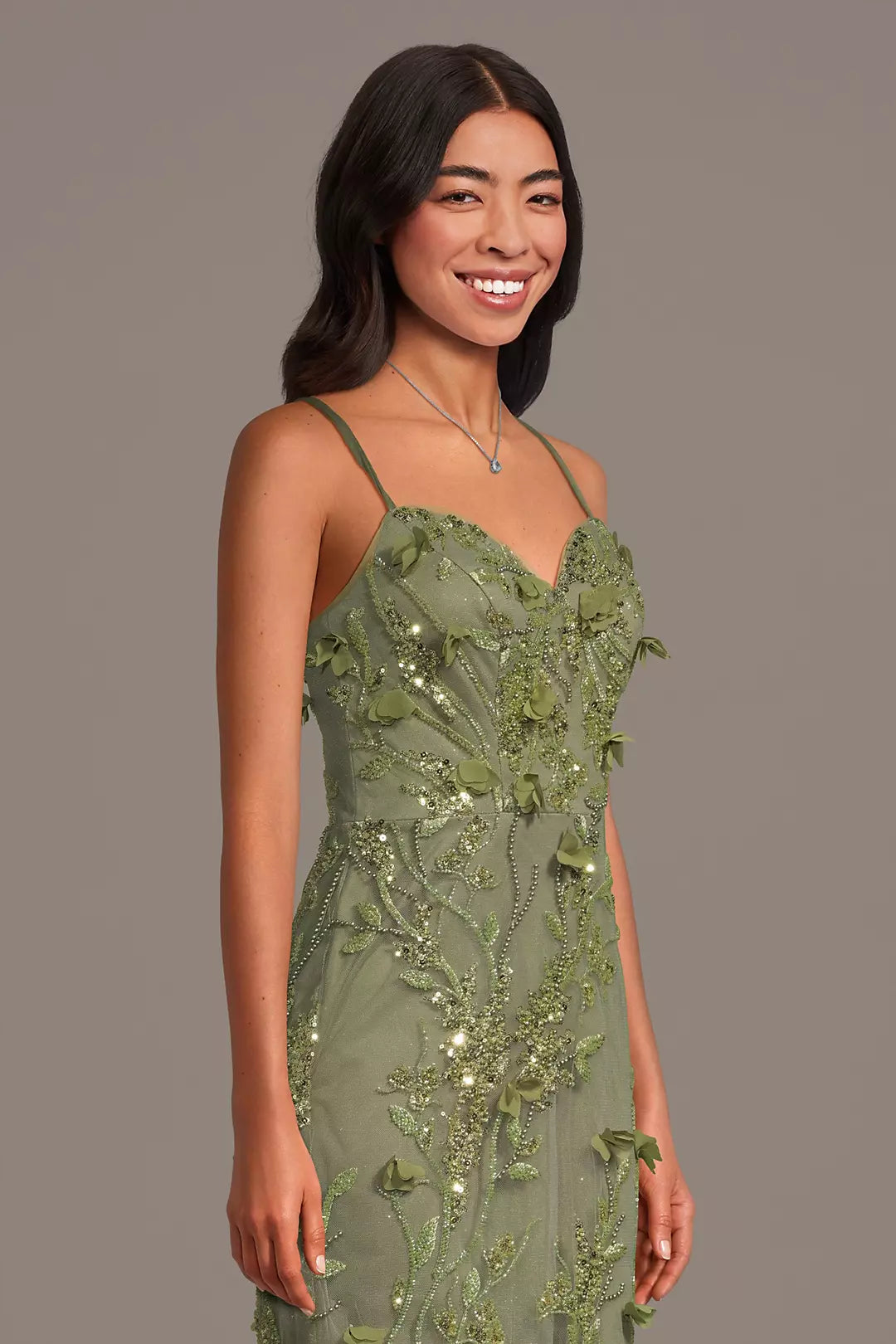 Sage Green Maxi Dresses with 3D Floral Embroidery Sequin Beading and Crisscross Back Tie