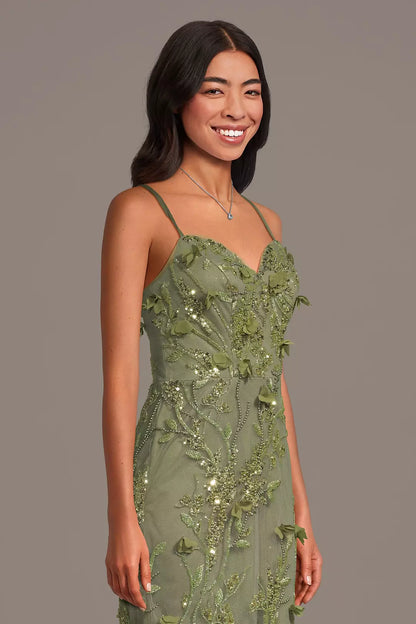 Sage Green Maxi Dresses with 3D Floral Embroidery Sequin Beading and Crisscross Back Tie