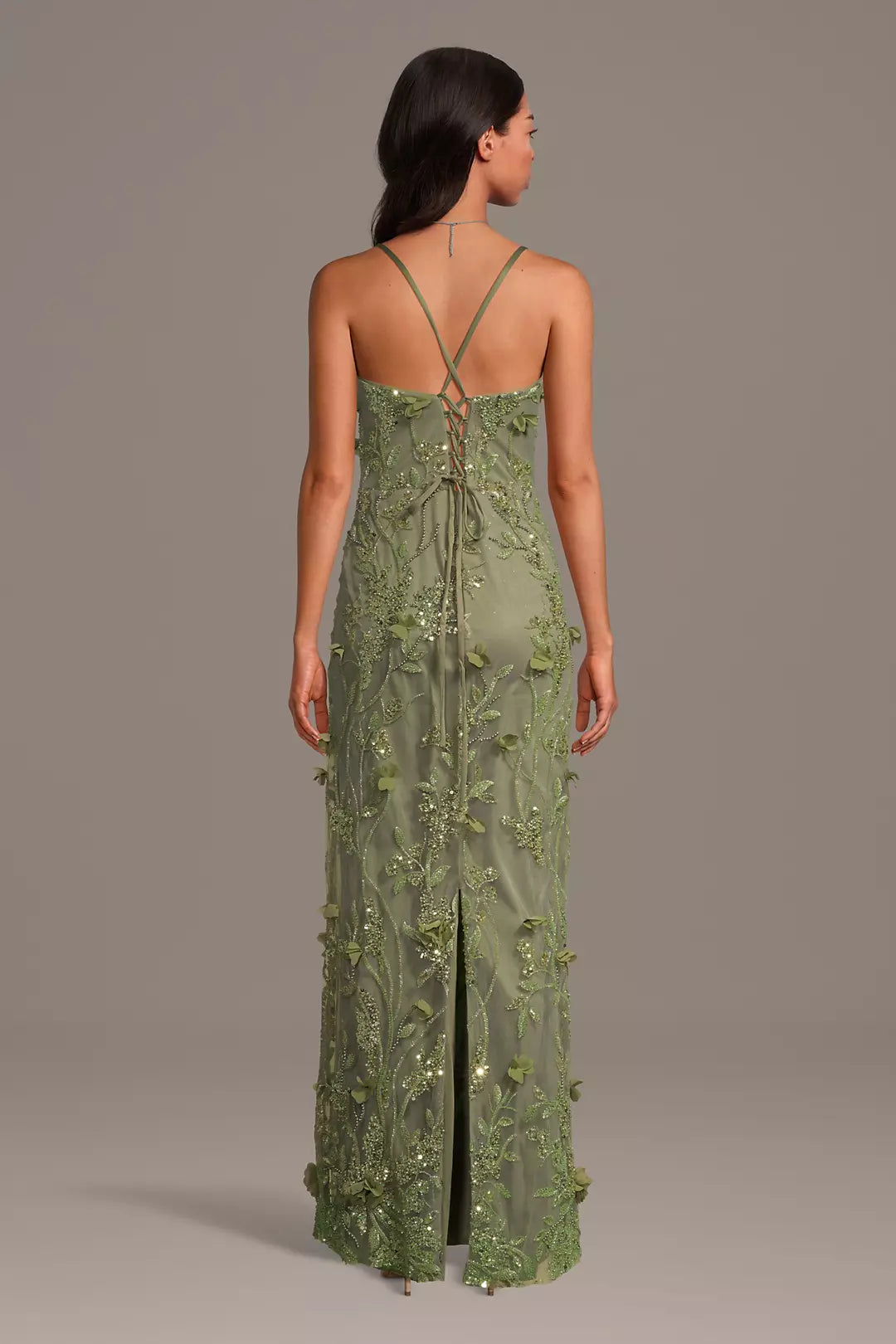 Sage Green Maxi Dresses with 3D Floral Embroidery Sequin Beading and Crisscross Back Tie