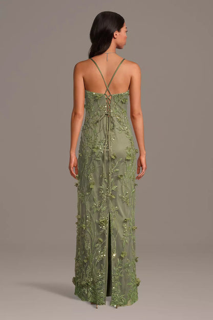 Sage Green Maxi Dresses with 3D Floral Embroidery Sequin Beading and Crisscross Back Tie