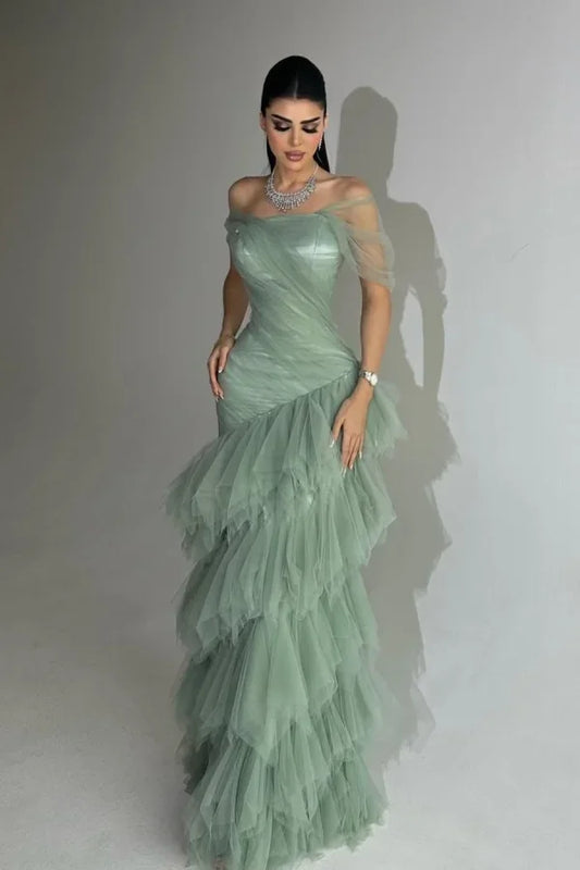 Sage Green Off Shoulder Prom Dress with Tulle Ruffled Mermaid Skirt for Formal Events and Prom Nights