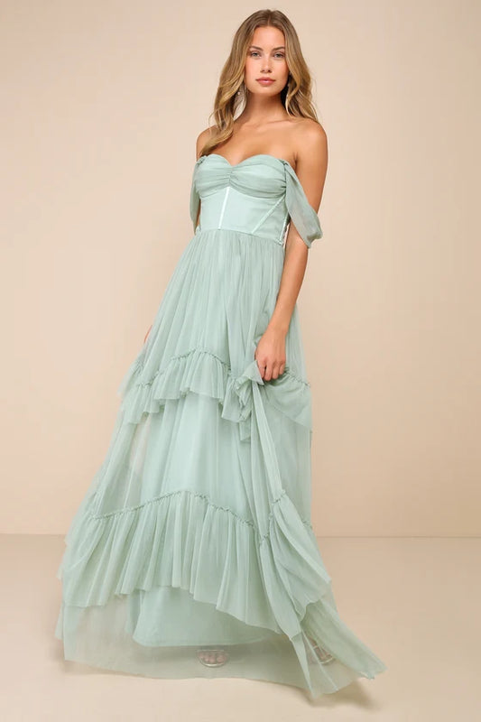 Sage Green Off The Shoulder Prom Dress With Corset Bodice Tiered Ruffle Tulle And A Line Formal Prom Dress