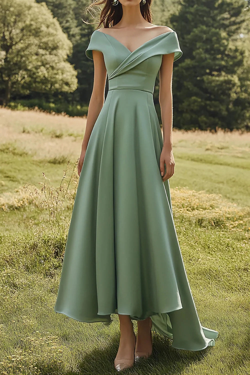 Sage Green Off The Shoulder Prom Dress With Draped Bodice And High Low A Line Skirt For Formal Evening Party
