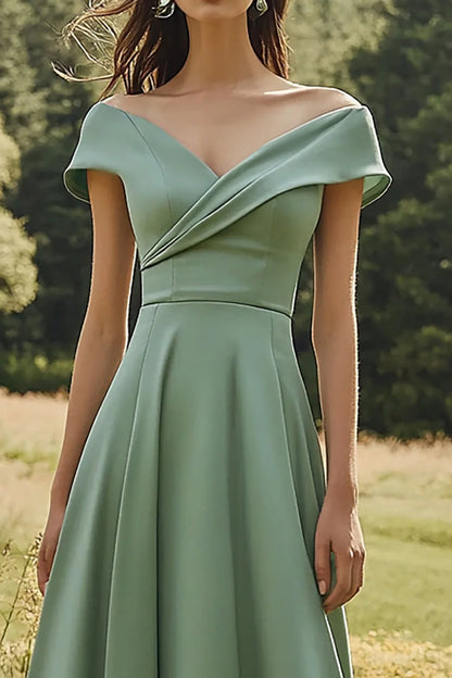 Sage Green Off The Shoulder Prom Dress With Draped Bodice And High Low A Line Skirt For Formal Evening Party