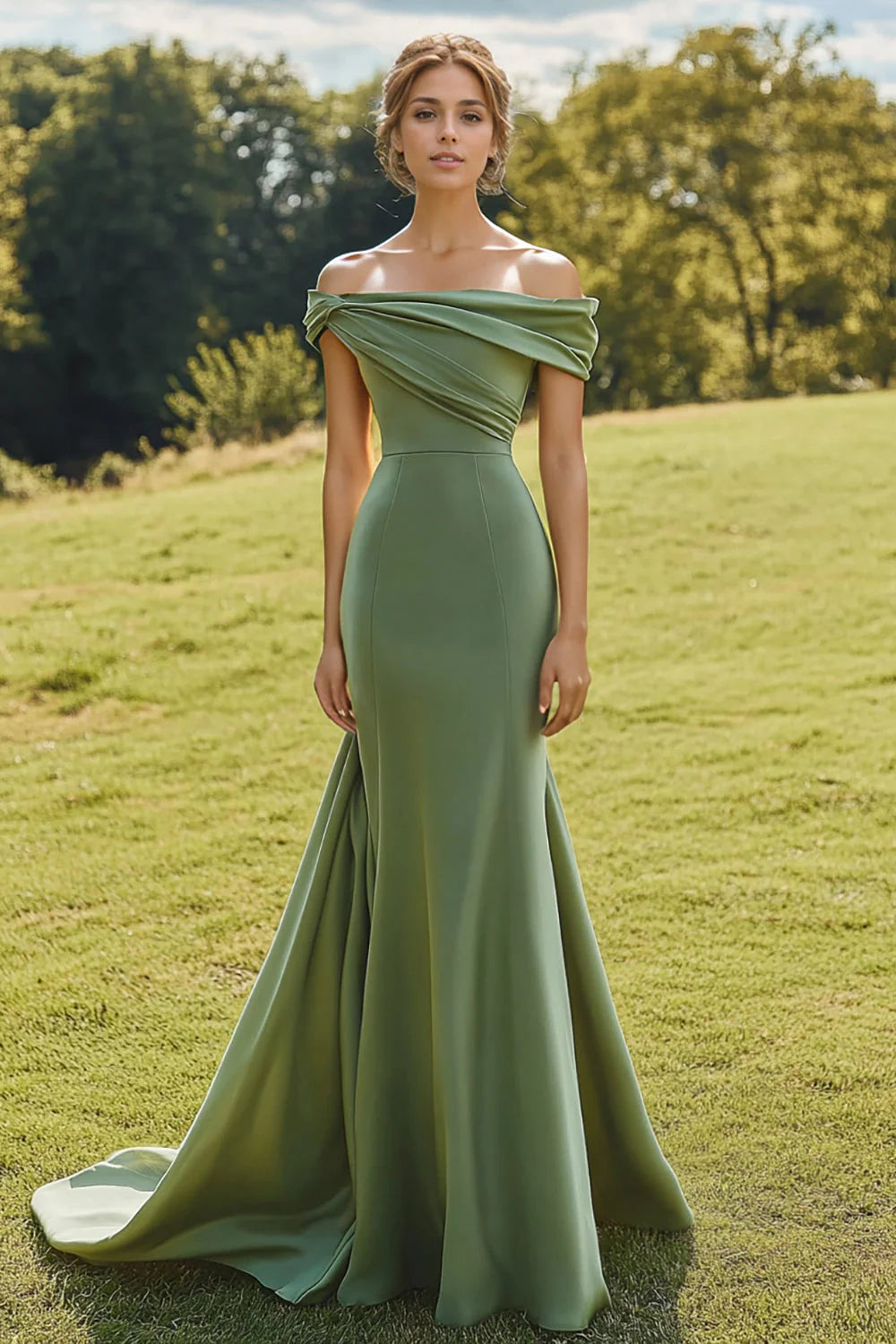 Sage Green Off The Shoulder Prom Dress With Draped Bodice And Mermaid Silhouette With Train For Formal Evening Party