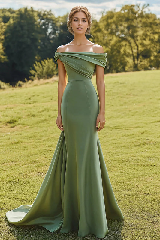 Sage Green Off The Shoulder Prom Dress With Draped Bodice And Mermaid Silhouette With Train For Formal Evening Party