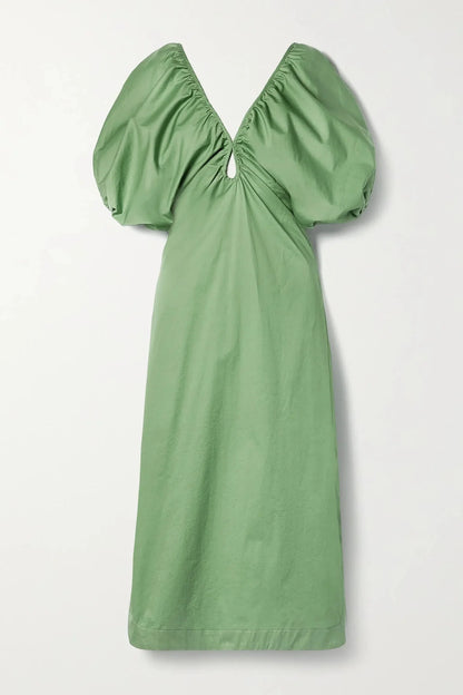 Sage Green Puff Sleeve Midi Evening Dress V Neck Keyhole Cutout Smocked Waist Side Slit Evening Gown