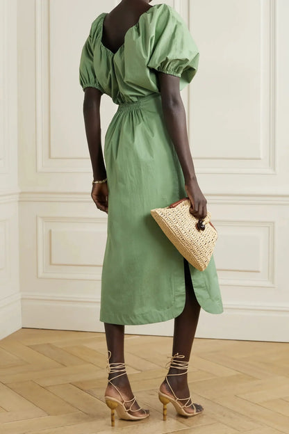 Sage Green Puff Sleeve Midi Evening Dress V Neck Keyhole Cutout Smocked Waist Side Slit Evening Gown