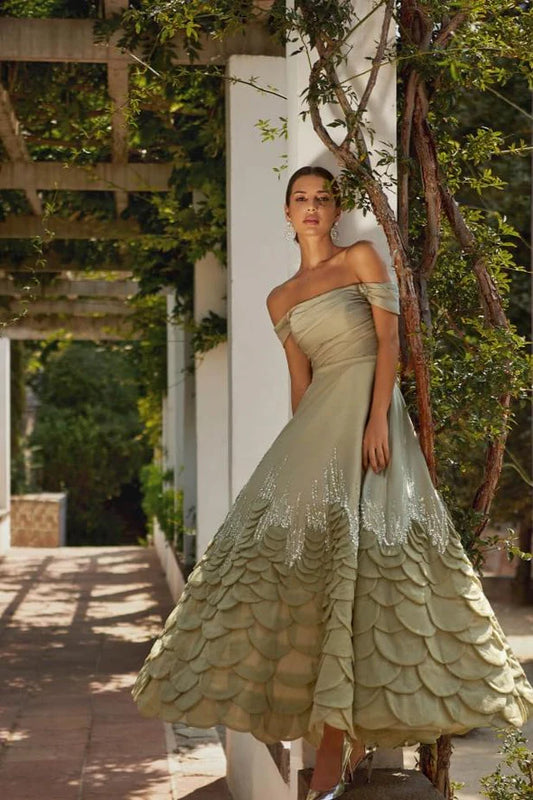 Sage Green Satin Maxi Dresses with Off Shoulder V Neck Back Lace Up Scaled Skirt and Beaded Embroidery