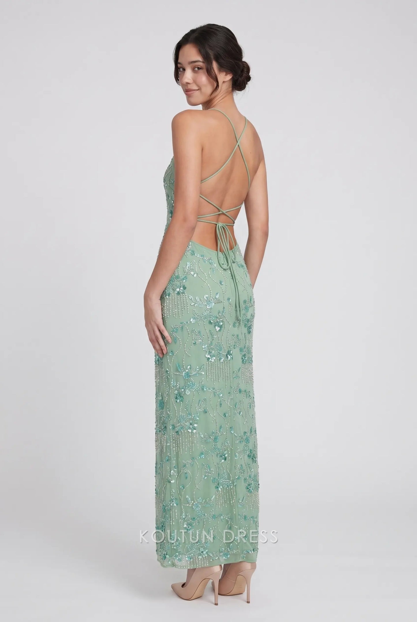 Sage Green Spaghetti Strap Floral Beaded Lace-Up Back Formal Evening Prom Dress