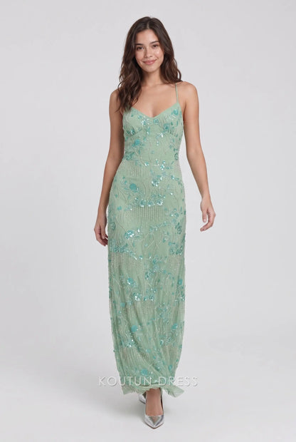 Sage Green Spaghetti Strap Floral Beaded Lace-Up Back Formal Evening Prom Dress