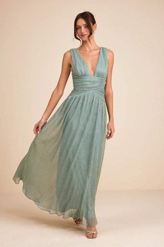 Sage Green Spaghetti Strap Prom Dress With Plunging V Neck Ruched Bodice And A Line Lurex Formal Prom Dress