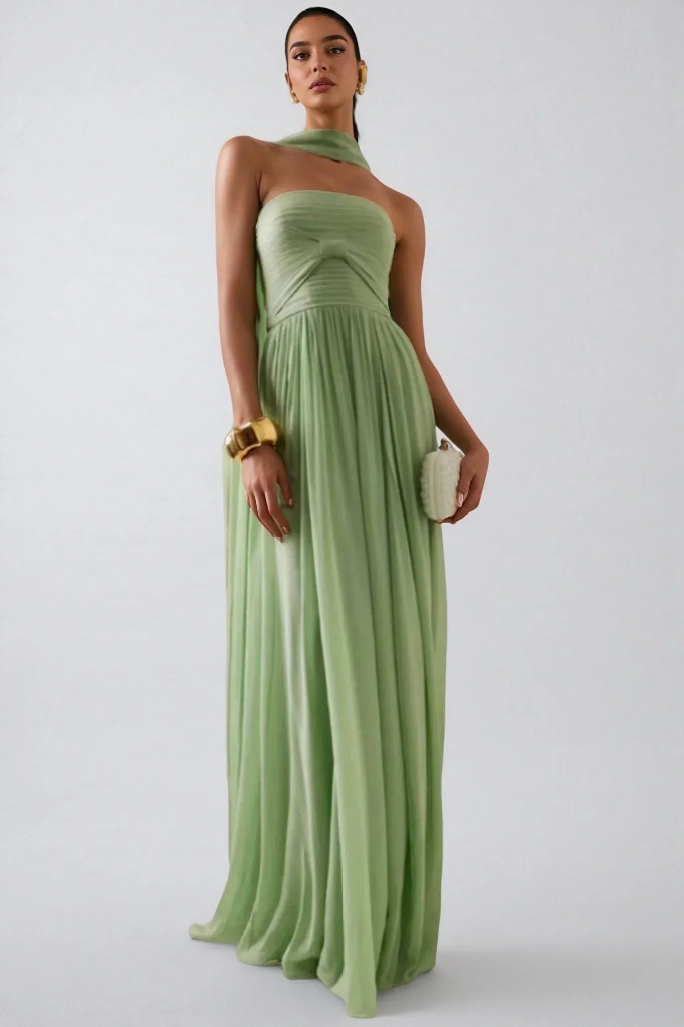 Sage Green Strapless Pleated Chiffon Gown With Detachable Neck Scarf Floor Length Formal Evening Prom Dress