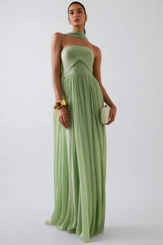 Sage Green Strapless Pleated Chiffon Gown With Detachable Neck Scarf Floor Length Formal Evening Prom Dress