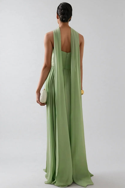 Sage Green Strapless Pleated Chiffon Gown With Detachable Neck Scarf Floor Length Formal Evening Prom Dress